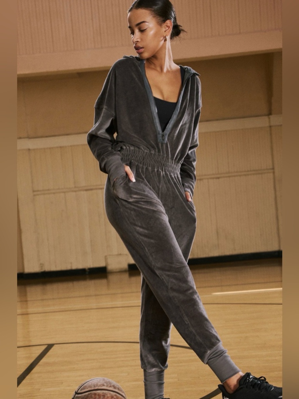 New FP Movement by Free People Training Day Velour Jumpsuit ~ Charcoal Gray - Picture 4 of 14